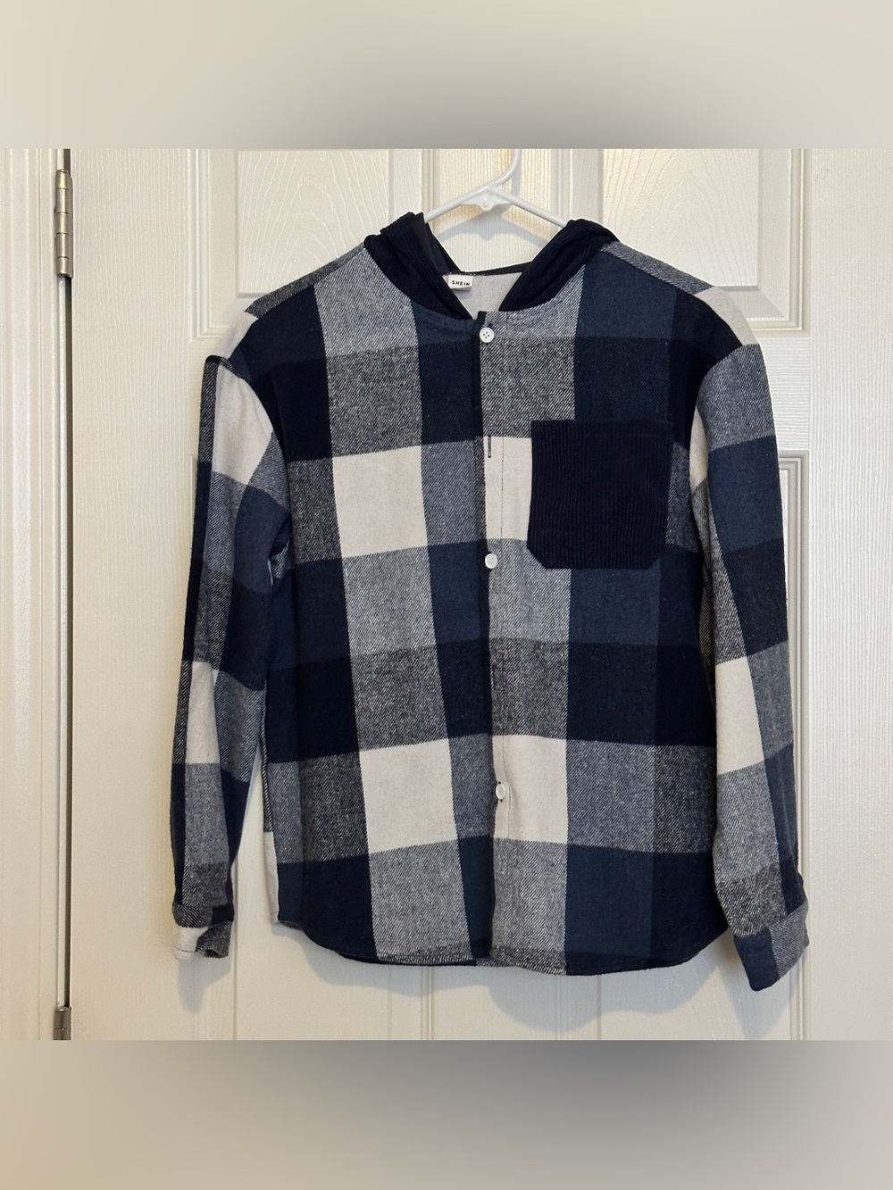 SHEIN Navy White Gray Plaid Button-Down Hooded Shirt Kids 13-14Y Preowned